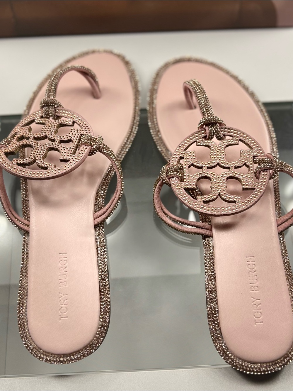 Tory Burch Blush Pink Logo Glitter Slide Sandals